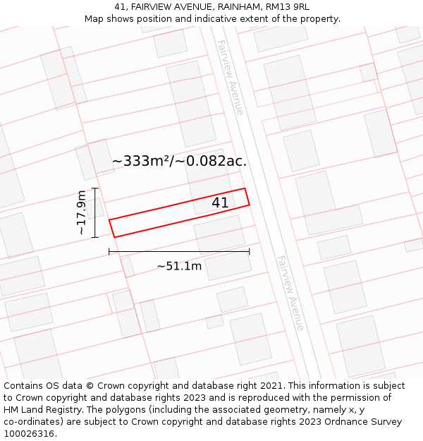 41, FAIRVIEW AVENUE, RAINHAM, RM13 9RL: Plot and title map