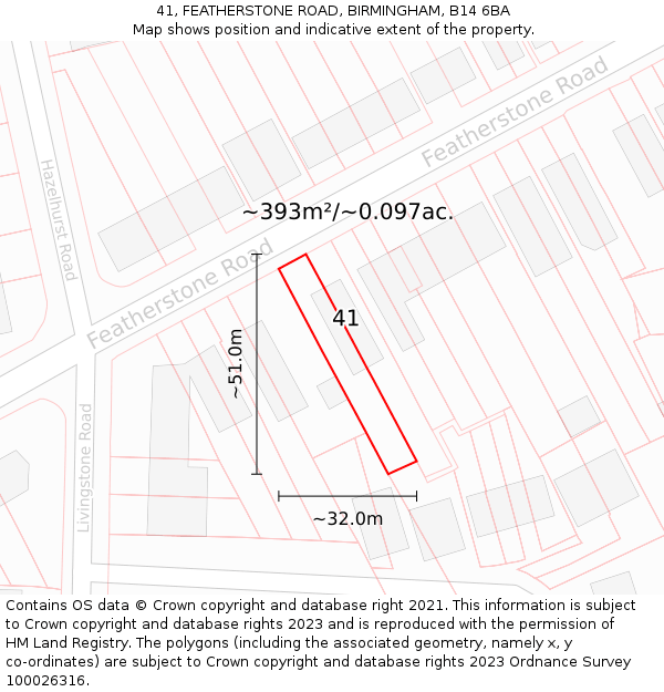 41, FEATHERSTONE ROAD, BIRMINGHAM, B14 6BA: Plot and title map