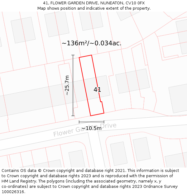 41, FLOWER GARDEN DRIVE, NUNEATON, CV10 0FX: Plot and title map