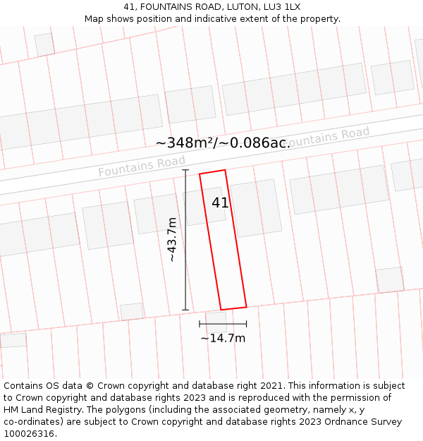 41, FOUNTAINS ROAD, LUTON, LU3 1LX: Plot and title map