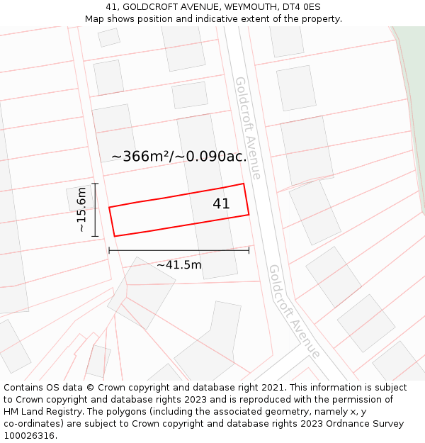 41, GOLDCROFT AVENUE, WEYMOUTH, DT4 0ES: Plot and title map
