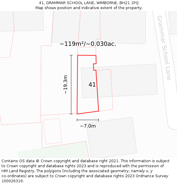 41, GRAMMAR SCHOOL LANE, WIMBORNE, BH21 1PQ: Plot and title map