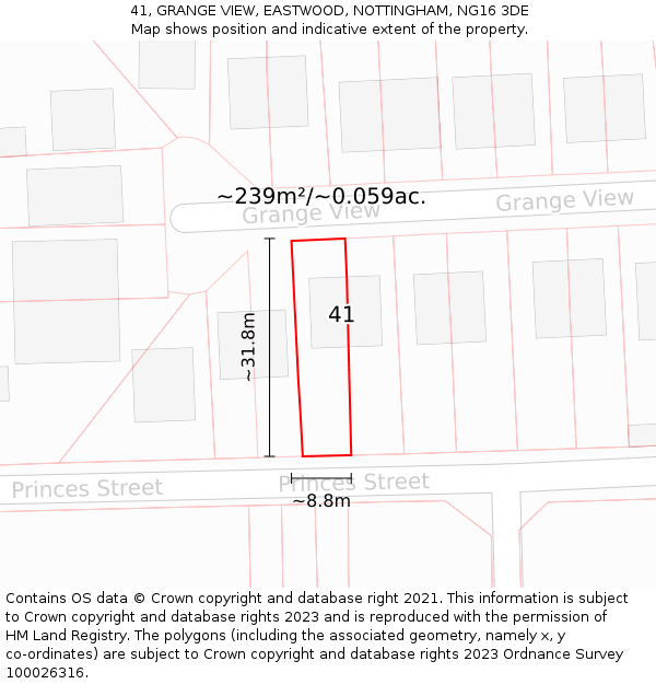 41, GRANGE VIEW, EASTWOOD, NOTTINGHAM, NG16 3DE: Plot and title map