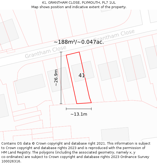 41, GRANTHAM CLOSE, PLYMOUTH, PL7 1UL: Plot and title map