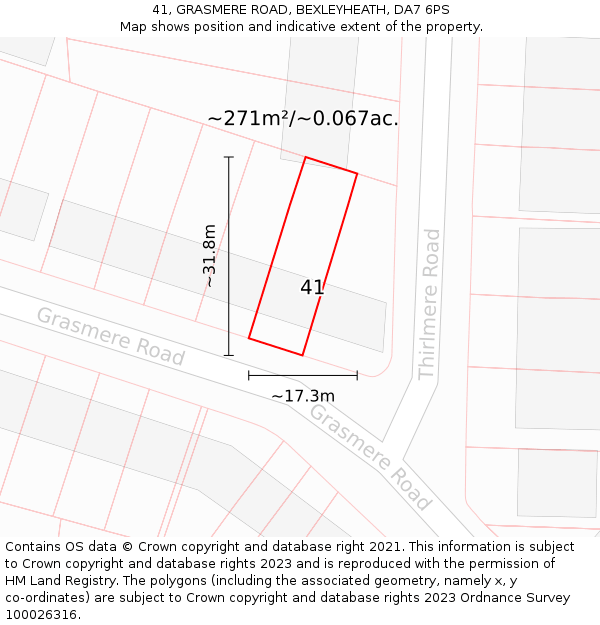 41, GRASMERE ROAD, BEXLEYHEATH, DA7 6PS: Plot and title map