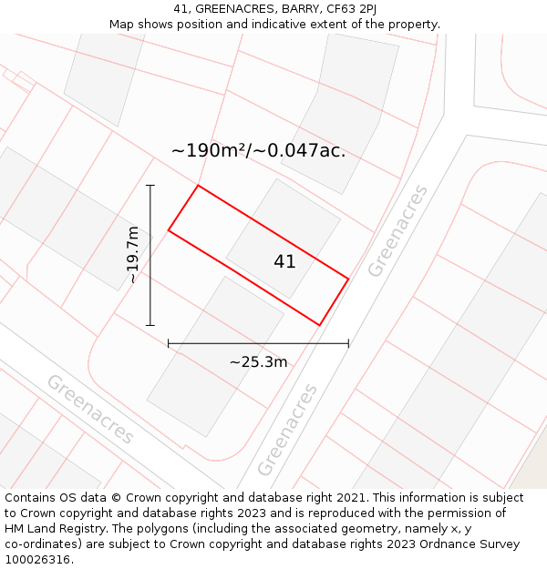 41, GREENACRES, BARRY, CF63 2PJ: Plot and title map