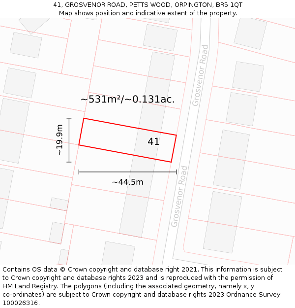 41, GROSVENOR ROAD, PETTS WOOD, ORPINGTON, BR5 1QT: Plot and title map
