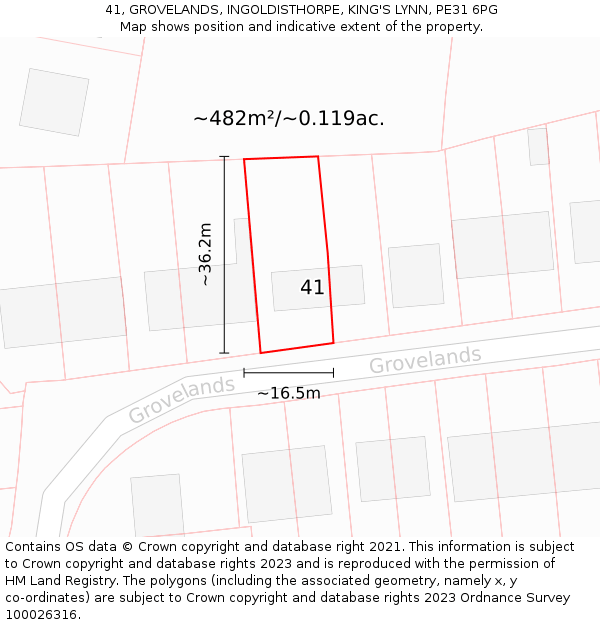 41, GROVELANDS, INGOLDISTHORPE, KING'S LYNN, PE31 6PG: Plot and title map