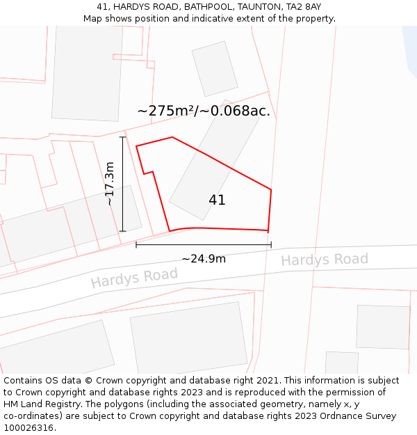 41, HARDYS ROAD, BATHPOOL, TAUNTON, TA2 8AY: Plot and title map