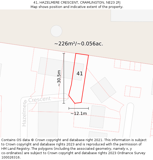 41, HAZELMERE CRESCENT, CRAMLINGTON, NE23 2FJ: Plot and title map