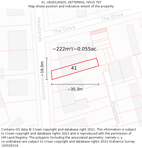41, HEADLANDS, KETTERING, NN15 7ET: Plot and title map