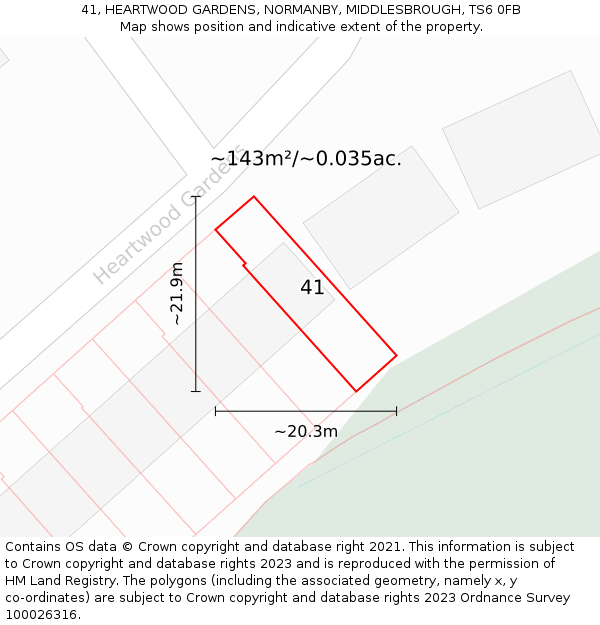 41, HEARTWOOD GARDENS, NORMANBY, MIDDLESBROUGH, TS6 0FB: Plot and title map