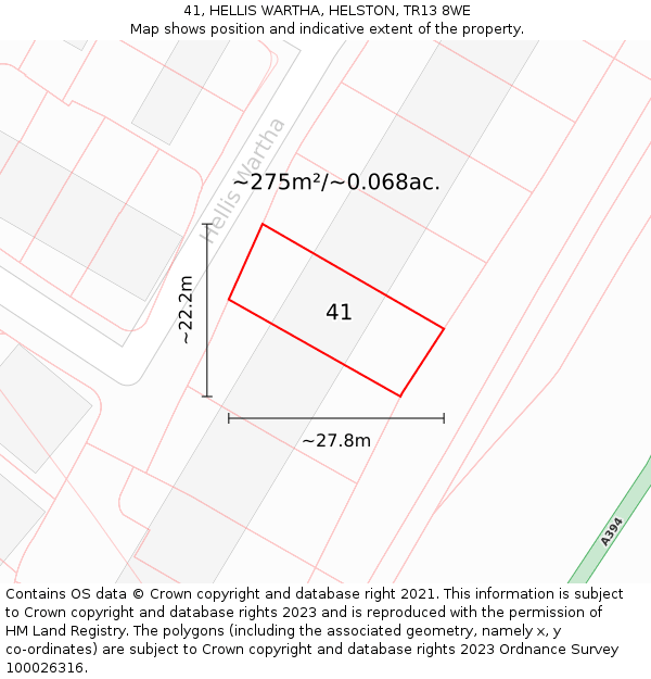 41, HELLIS WARTHA, HELSTON, TR13 8WE: Plot and title map