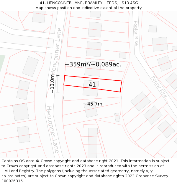 41, HENCONNER LANE, BRAMLEY, LEEDS, LS13 4SG: Plot and title map