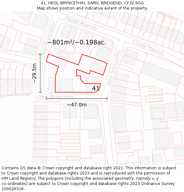 41, HEOL BRYNCETHIN, SARN, BRIDGEND, CF32 9GG: Plot and title map