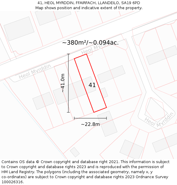 41, HEOL MYRDDIN, FFAIRFACH, LLANDEILO, SA19 6PD: Plot and title map