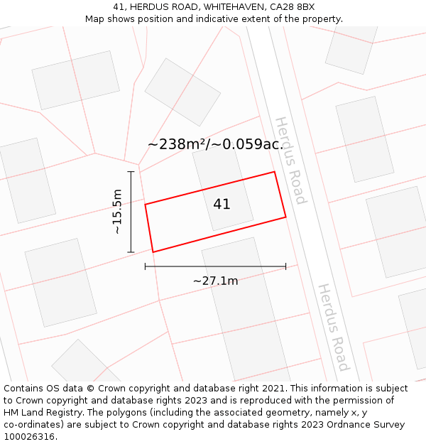 41, HERDUS ROAD, WHITEHAVEN, CA28 8BX: Plot and title map