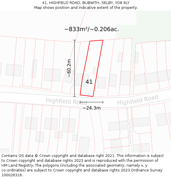 41, HIGHFIELD ROAD, BUBWITH, SELBY, YO8 6LY: Plot and title map