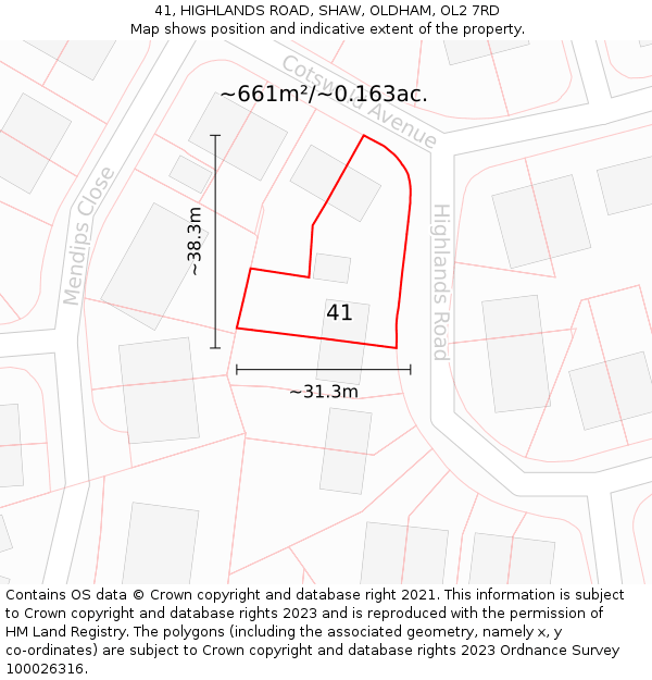 41, HIGHLANDS ROAD, SHAW, OLDHAM, OL2 7RD: Plot and title map