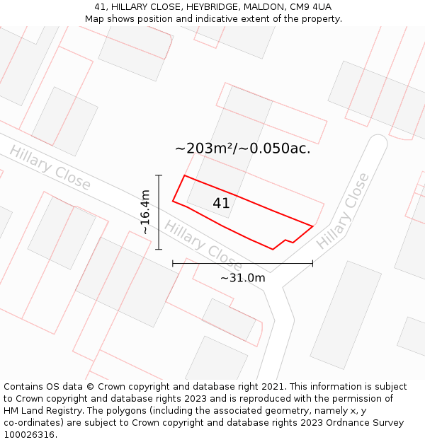 41, HILLARY CLOSE, HEYBRIDGE, MALDON, CM9 4UA: Plot and title map