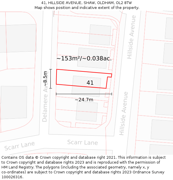 41, HILLSIDE AVENUE, SHAW, OLDHAM, OL2 8TW: Plot and title map