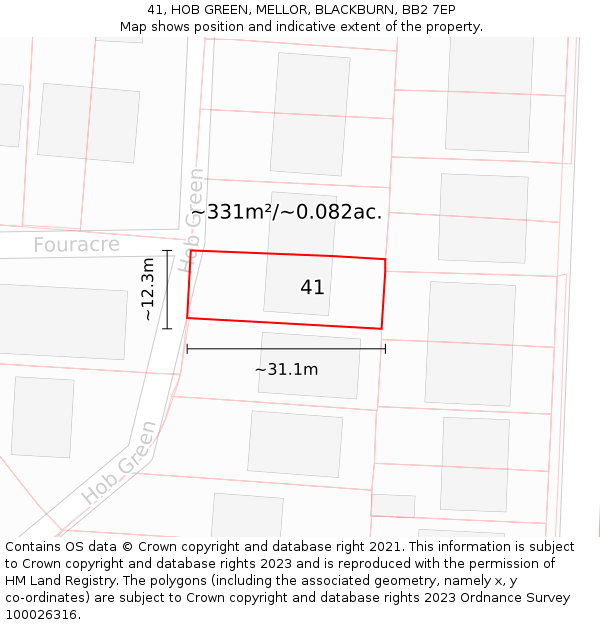 41, HOB GREEN, MELLOR, BLACKBURN, BB2 7EP: Plot and title map