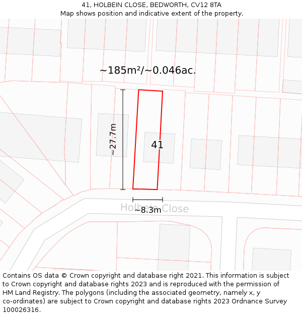 41, HOLBEIN CLOSE, BEDWORTH, CV12 8TA: Plot and title map