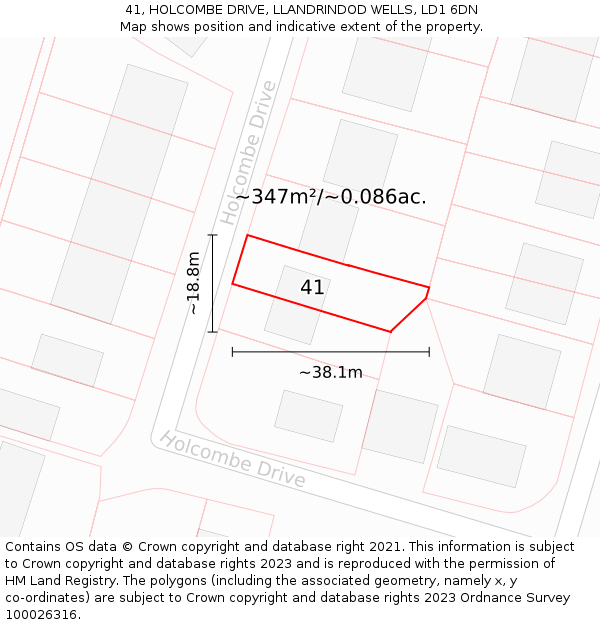 41, HOLCOMBE DRIVE, LLANDRINDOD WELLS, LD1 6DN: Plot and title map