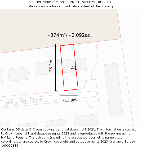 41, HOLLYCROFT CLOSE, EMNETH, WISBECH, PE14 8BL: Plot and title map