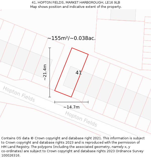 41, HOPTON FIELDS, MARKET HARBOROUGH, LE16 9LB: Plot and title map