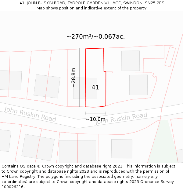 41, JOHN RUSKIN ROAD, TADPOLE GARDEN VILLAGE, SWINDON, SN25 2PS: Plot and title map