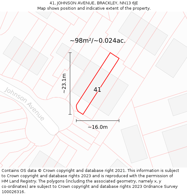 41, JOHNSON AVENUE, BRACKLEY, NN13 6JE: Plot and title map