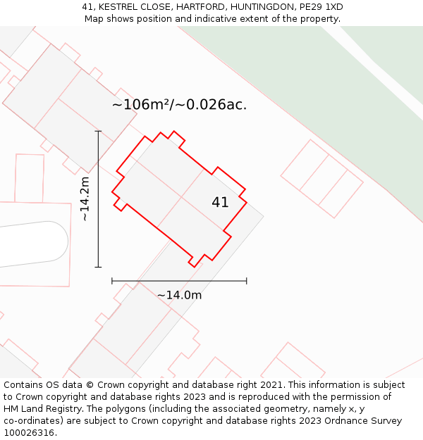 41, KESTREL CLOSE, HARTFORD, HUNTINGDON, PE29 1XD: Plot and title map
