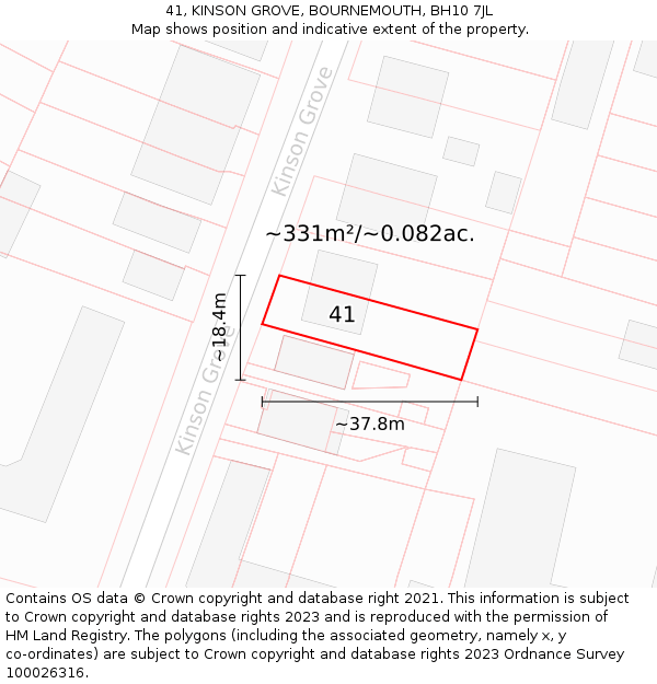 41, KINSON GROVE, BOURNEMOUTH, BH10 7JL: Plot and title map