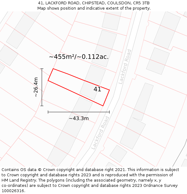 41, LACKFORD ROAD, CHIPSTEAD, COULSDON, CR5 3TB: Plot and title map