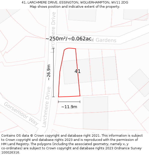 41, LARCHMERE DRIVE, ESSINGTON, WOLVERHAMPTON, WV11 2DG: Plot and title map