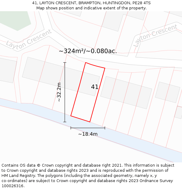 41, LAYTON CRESCENT, BRAMPTON, HUNTINGDON, PE28 4TS: Plot and title map