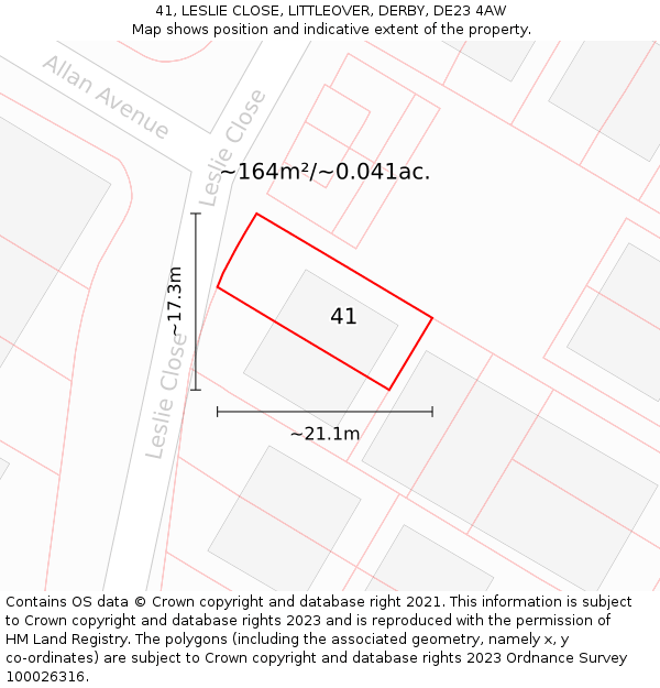 41, LESLIE CLOSE, LITTLEOVER, DERBY, DE23 4AW: Plot and title map