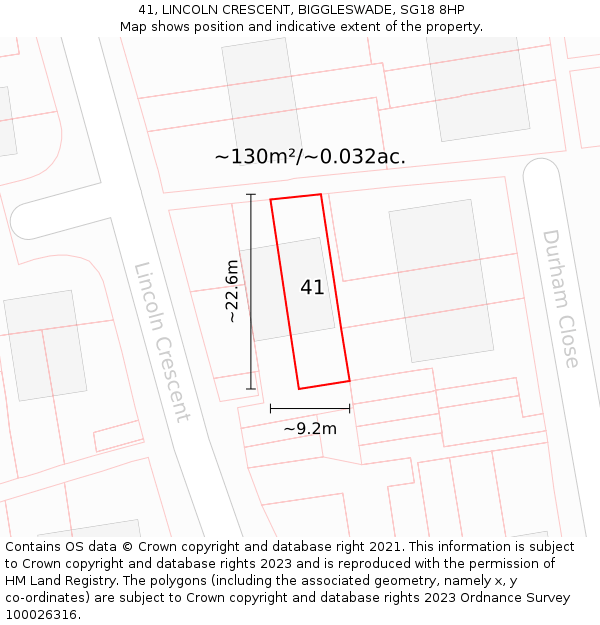 41, LINCOLN CRESCENT, BIGGLESWADE, SG18 8HP: Plot and title map