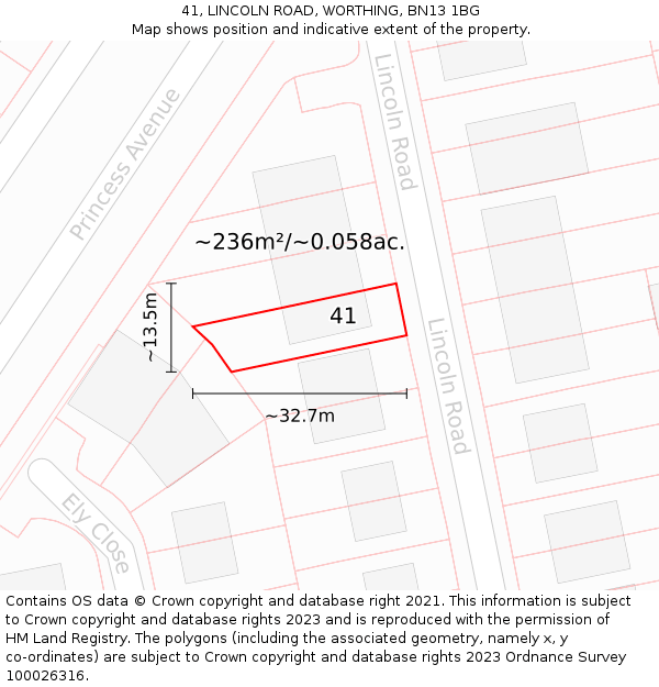 41, LINCOLN ROAD, WORTHING, BN13 1BG: Plot and title map