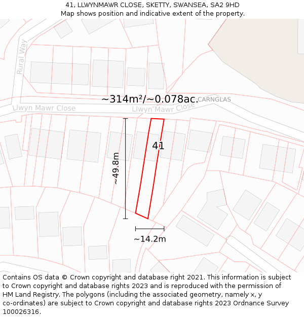 41, LLWYNMAWR CLOSE, SKETTY, SWANSEA, SA2 9HD: Plot and title map