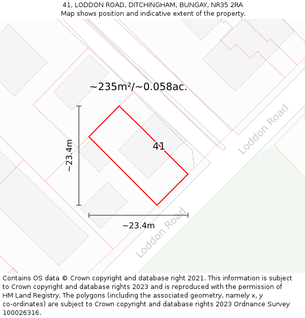 41, LODDON ROAD, DITCHINGHAM, BUNGAY, NR35 2RA: Plot and title map