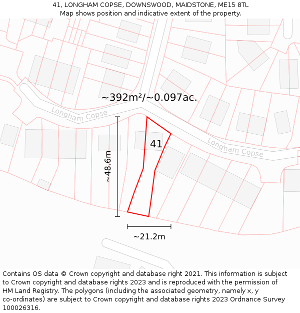 41, LONGHAM COPSE, DOWNSWOOD, MAIDSTONE, ME15 8TL: Plot and title map