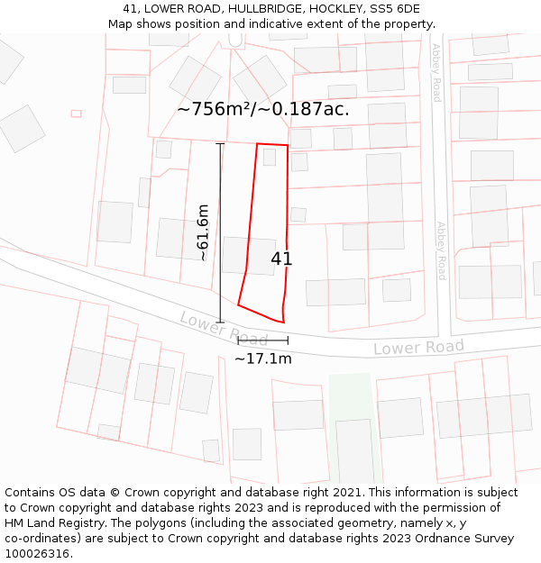 41, LOWER ROAD, HULLBRIDGE, HOCKLEY, SS5 6DE: Plot and title map
