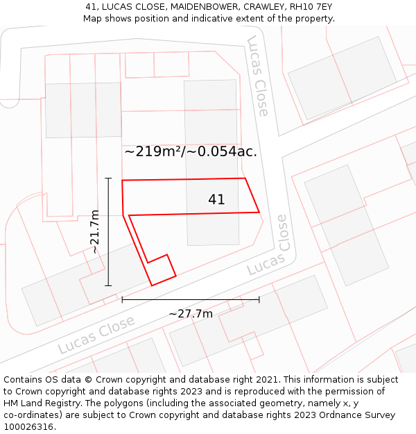 41, LUCAS CLOSE, MAIDENBOWER, CRAWLEY, RH10 7EY: Plot and title map