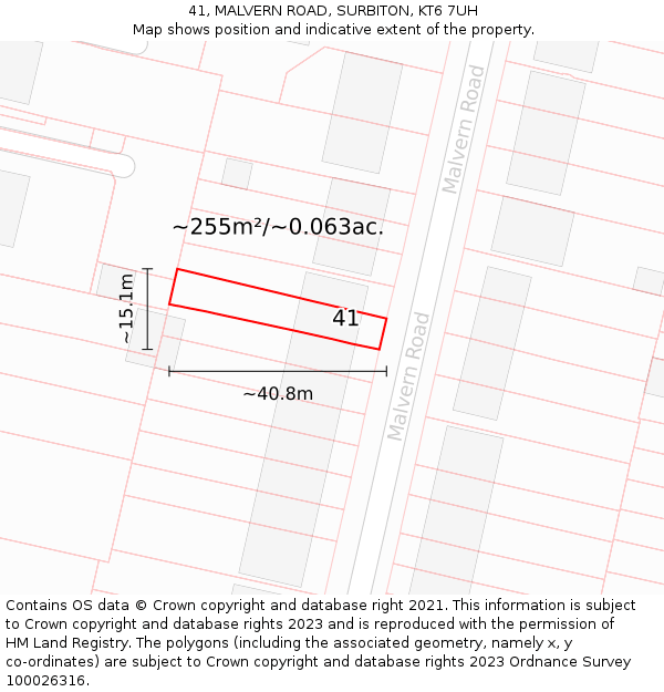 41, MALVERN ROAD, SURBITON, KT6 7UH: Plot and title map