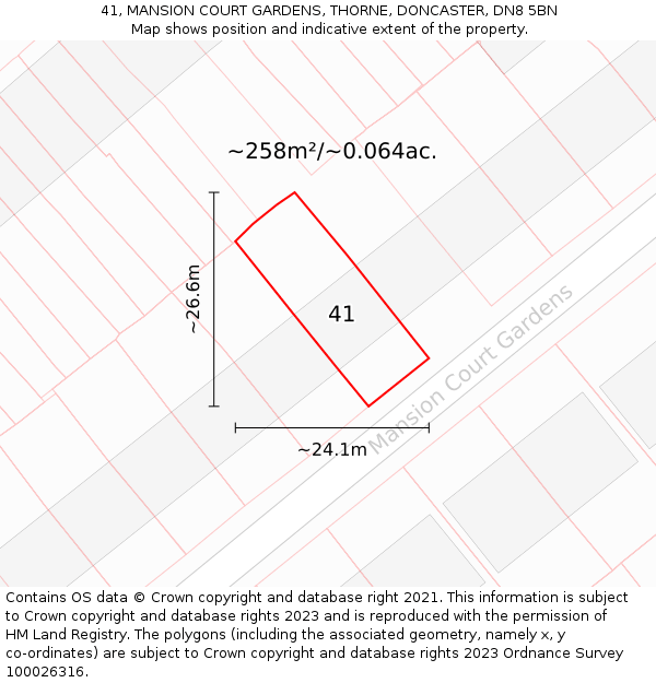 41, MANSION COURT GARDENS, THORNE, DONCASTER, DN8 5BN: Plot and title map