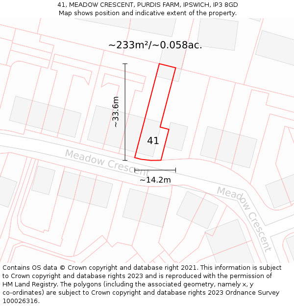 41, MEADOW CRESCENT, PURDIS FARM, IPSWICH, IP3 8GD: Plot and title map