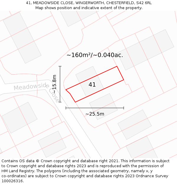 41, MEADOWSIDE CLOSE, WINGERWORTH, CHESTERFIELD, S42 6RL: Plot and title map