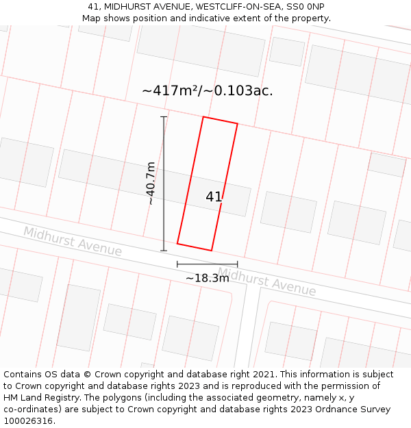 41, MIDHURST AVENUE, WESTCLIFF-ON-SEA, SS0 0NP: Plot and title map
